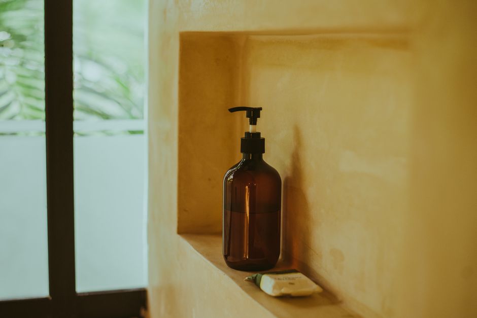 Amber Glass Soap Dispenser Set