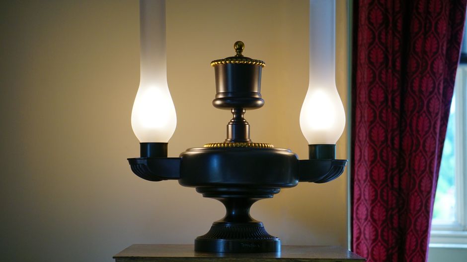 Black Glass and Brass Table Lamp with Curved Base