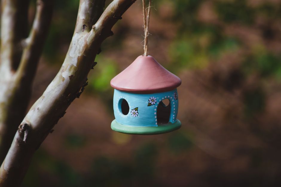 Rustic Painted Clay Birdhouse with Twine Hanger