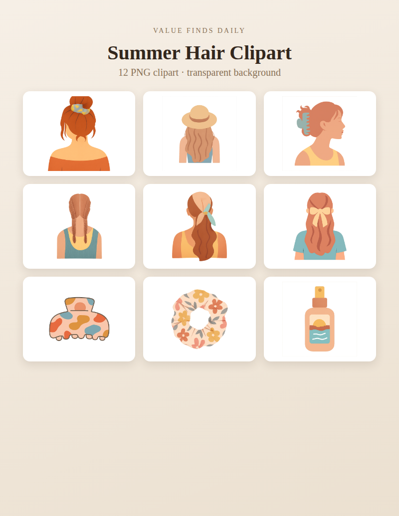 Boho Summer Hairstyle Clipart Bundle - Beach Hair PNG Elements - Commercial Use