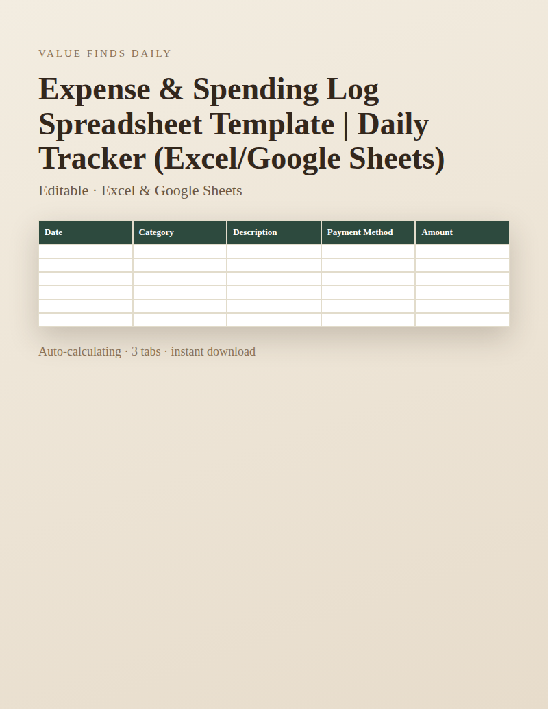 Expense & Spending Log Spreadsheet Template | Daily Tracker (Excel/Google Sheets)