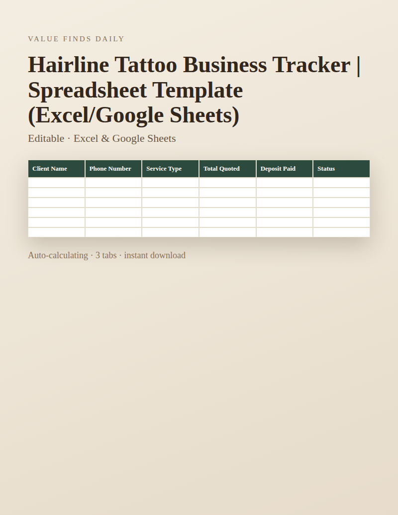 Hairline Tattoo Business Tracker | Spreadsheet Template (Excel/Google Sheets)