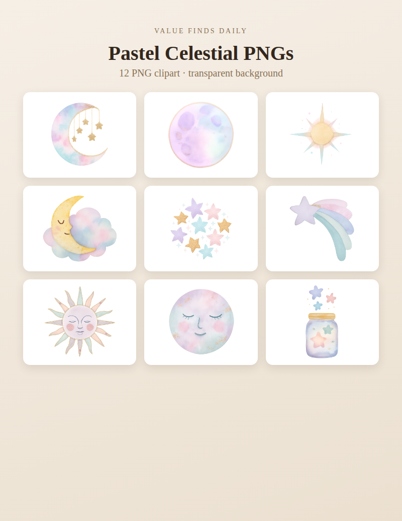 Pastel Celestial Clipart Bundle, Watercolor Moon and Stars PNG, Dreamy Galaxy Graphics, Commercial Use