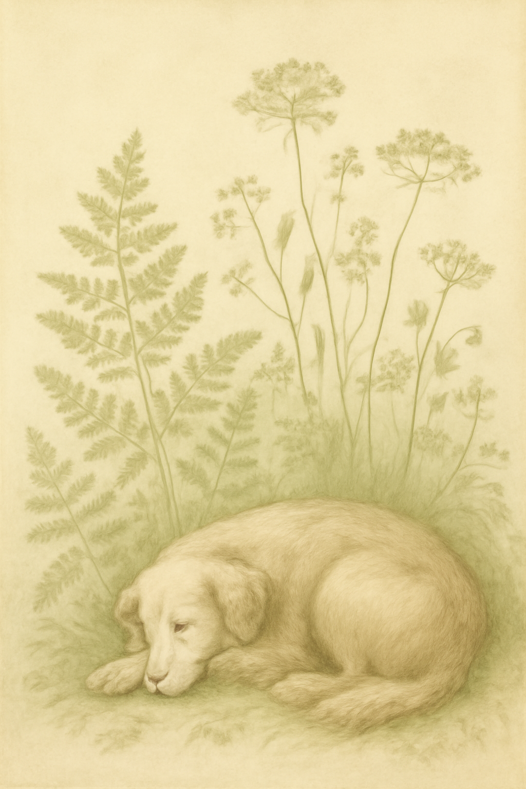 Vintage Botanical Illustration Printable Wall Art Set with Gentle Dog - Soft Antique Tones