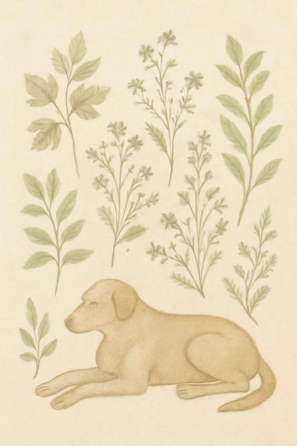 Vintage Botanical Illustration Printable Wall Art Set with Gentle Dog - Soft Antique Tones