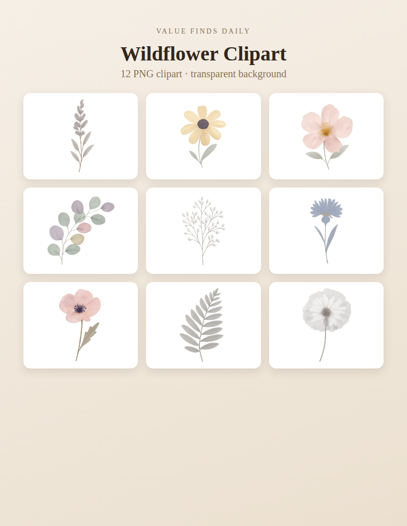Watercolor Wildflower Clipart Bundle, Botanical PNG Elements, Floral Graphics for Wedding Invites, Planners & POD, Commercial Use